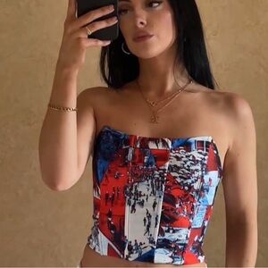 Tiger Mist Stylish Red and Blue Tropical Tube Top Corset With Tie Back Small S